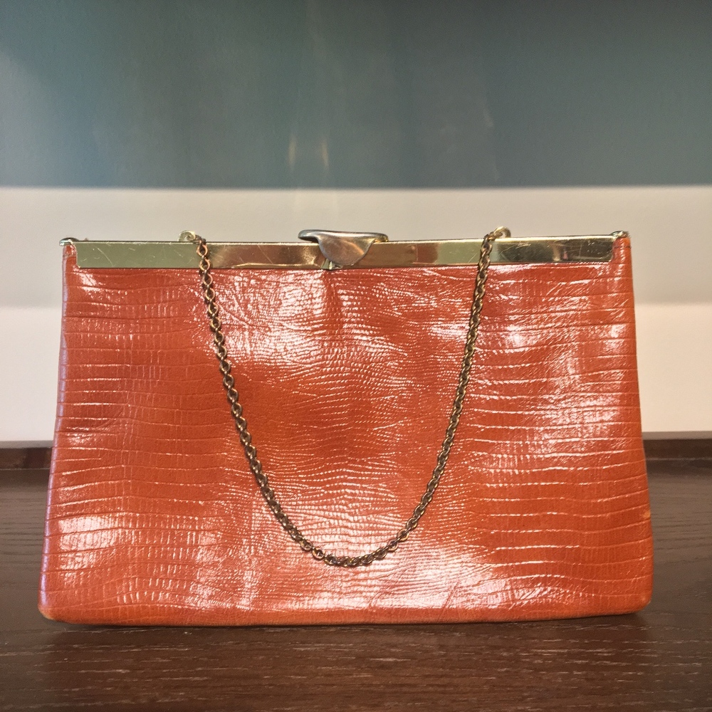 Vintage Burnt Orange Clutch Faux Gator Leather